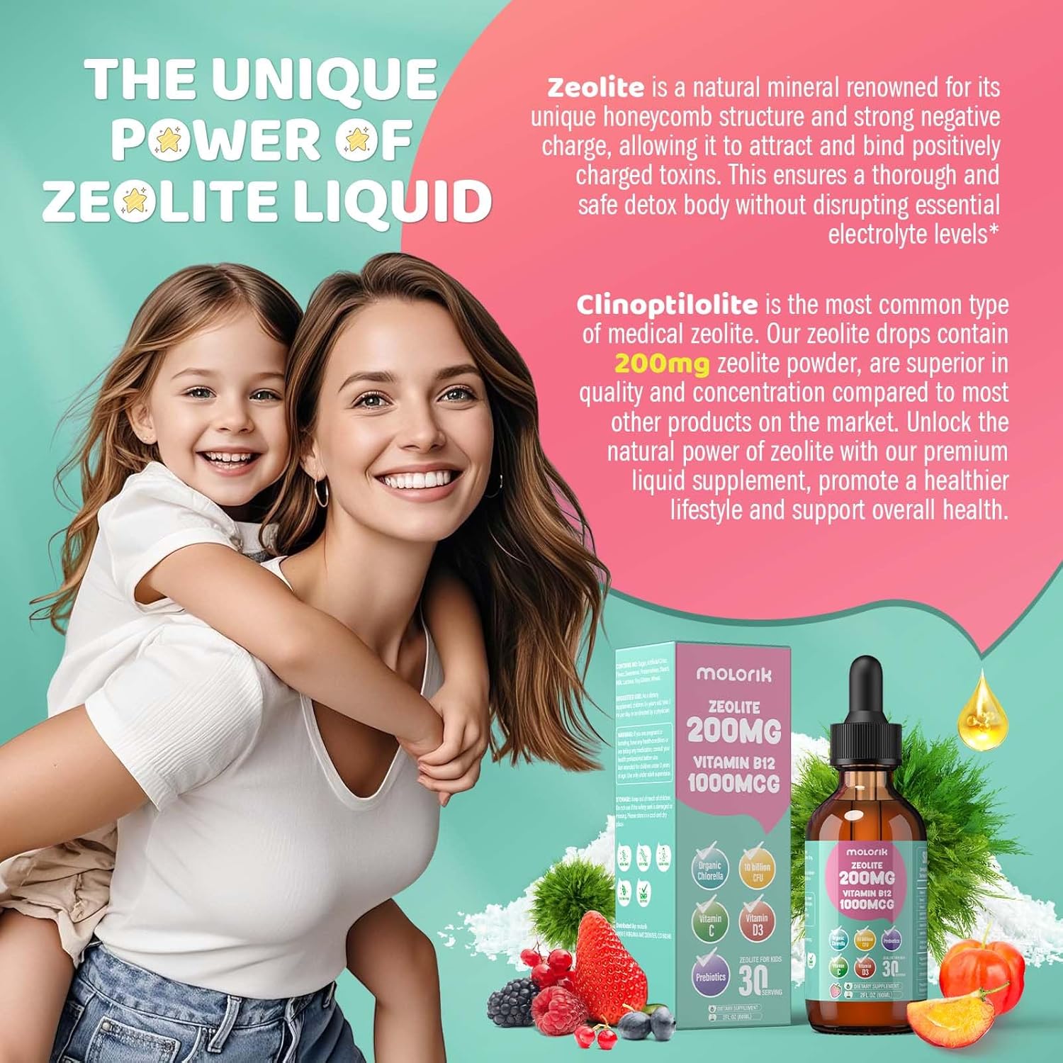 Zeolite Detox for Kids, 200mg Zeolite Liquid Drops with 1000mcg Vitamin B12, 250mg Organic Chlorella, 10 Billion CFU and Prebiotics for Gut Support & Speech, Immune, Bone, Energy, Strawberry, 60ML - Image 3