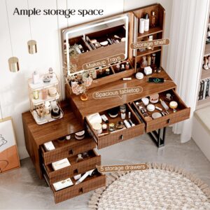 Large Vanity Desk with 3 Color Touch Screen Dimming Mirror, Vanity Desk with Charging Station, Modern Retractable Makeup Dressing Table, Makeup Table With storage shelves and 5 Sliding Drawers, Walnut