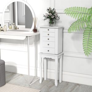 Giantex Jewelry Cabinet Armoire Chest with 4 Drawers, Flip Top Mirror, Top Storage Compartments, 2 Side Doors with 8 Necklace Hooks, 2 Shelves, White Standing Jewelry Organizer Box for Girls Gift