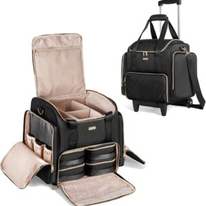 Rolling Makeup Case with 4 Removable Bags, Professional Makeup Train Case with Wheels, Makeup Artist Travel Bag with Brushes Storage Section, Black (Patent Design)