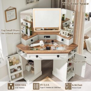 T4TREAM 48″ Corner Vanity Desk with 3 Way Mirror and Lights, Farmhouse Makeup Vanity with Charging Station & Glass Top, Dressing Table with 3 Drawers, 2 Cabinets & Adjustable Shelves (Antique White)