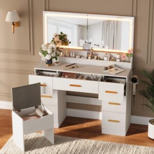 Garvee Vanity Desk with Large Mirror and Lights, 45.9In Makeup Vanity Desk, 3 Lighting Modes Adjustable Brightness, Vanity Table with Power Outlet &8 Drawers, for Powder Room and Bedroom