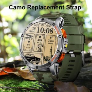 Military Smart Watches Built-in GPS, 170+ Sport Modes for Men with Flashlight, Smartwatch for Android Phones and iPhone, 1.43″ AMOLED Screen Bluetooth Call Compass Altimeter (Sivler & Camo (2 Bands))