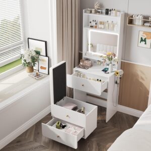 Vabches Make Up Vanity Desk with Mirror and Lights, White Vanity Table Set with Charger Station,Girls Small Vanity and Storage Chair