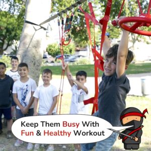 Ninja Obstacle Course for Kids Backyard – 10 Durable Obstacles and 50′ Slackline – Outdoor Warrior Obstacle Playset Equipment for Girls & Boys with Monkey Bars, Ladder, Wheel, Gymnastics, Climbing Net