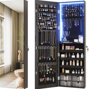 Vlsrka 47.2″ LED Jewelry Armoire Organizer, Wall/Door Mounted with Full Length Mirror, Large Storage Hanging Cabinet, 4 Drawers, 5 Shelves, Built-in Lighted Mirror (Wood Black)