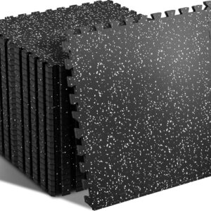 SUPERJARE 0.56” Thick 24 Pcs 96 Sq Ft Rubber Top Exercise Equipment Mats, High Density EVA Foam Mats with Rubber Top, Interlocking Gym Flooring for Home Gym, Protective Workout Mat, Black/Grey