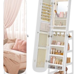 SONGMICS LED Jewelry Cabinet, 360° Swivel Jewelry Organizer, Lockable Mirror Jewelry Cabinet Standing, Rounded Wide Full-Length Mirror with Storage Shelves, Interior Mirror, Cloud White UJJC036W01