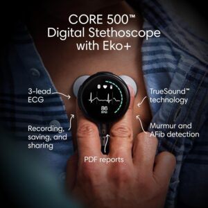 CORE 500™ Digital Stethoscope — 40x Amplification, Active Noise Cancellation, 3-Lead ECG, FDA-Cleared AI with Eko+, Full-Color Display, Reimbursement Eligible — Silver, COR501