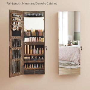 SONGMICS Mirror Jewelry Cabinet Armoire Organizer, Wall or Door Mount Storage Cabinet with Full-Length Frameless Lighted Mirror, Built-in Makeup Mirror, 2 Drawers, Lockable, Rustic Brown UJJC013X01