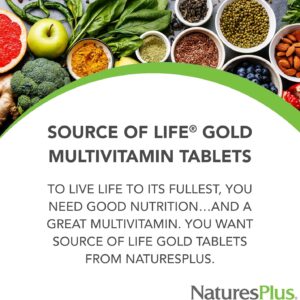 Natures Plus Source of Life Gold Multivitamin – 180 Tablets – Blood Support, Bone Support, Healthy Immune System – Includes Vitamins D3, B12, K2 & Over 120 Whole Food Nutrients – 60 Servings