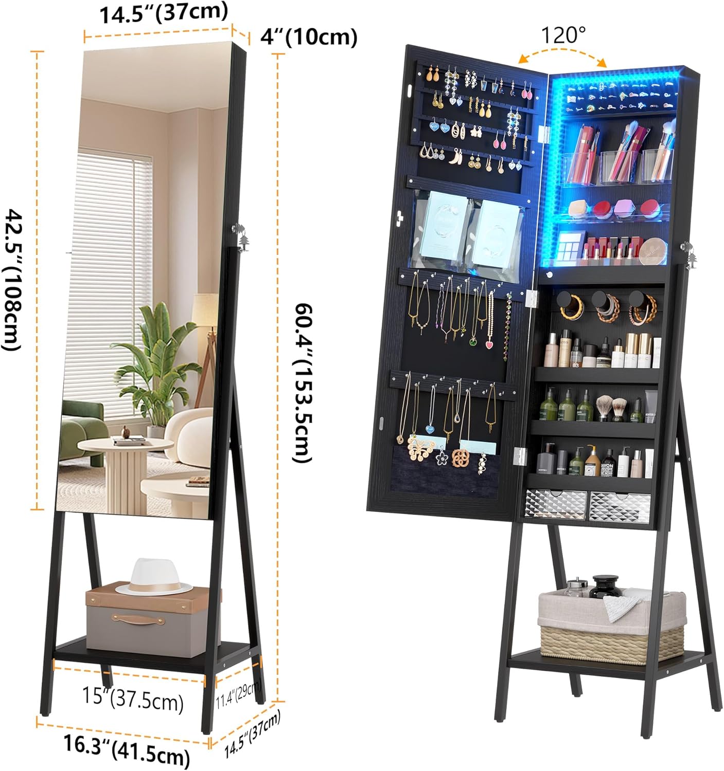 LVSOMT 3 LEDs Mirror Jewelry Cabinet, 60.4 Jewelry Mirror Full Length, Standing Lockable Jewelry Armoire Organizer, Floor Mirror with Storage for Jewelry Cosmetics, Black - Image 2
