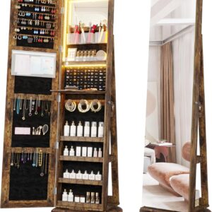 Vlsrka LED Light Jewelry Cabinet with Full Length Mirror 360° Swivel, Large Jewelry Organizer Armoire Lockable Free Standing Mirror with Jewelry Storage, Inside Makeup Mirror, Foldable Makeup Shelf