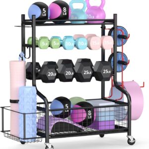 PLKOW Dumbbell Rack, Weight Rack for Dumbbells, Home Gym Storage for Dumbbells Kettlebells Yoga Mat and Balls, All in One Workout Storage with Wheels and Hooks, Powder Coated Finish Steel