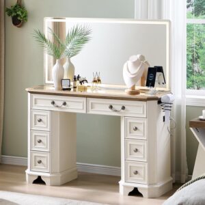 Vanity Desk with Mirror and Lights, 48” LED Lights Makeup Vanity with 8 Drawers, Farmhouse Vanity Table with 3 Color Modes, Dressing Table with Glass Top and Power (Antique White)