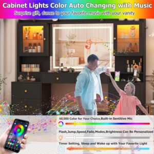 62″ Large Black Vanitys Desk w/ Tempered Glass Top,60000-color LED Lights,Power Outlet, Make up Vanity w/ 3 Lights Mode LED Mirror,9 Drawers,2 RGB Cabinet LED Vanity Table for Women,Girls