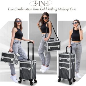 Professional Rolling Makeup Case, 3 in 1 Makeup Train Case, Cosmetology Case on Wheels, Large Makeup Trolley Salon Barber Traveling Trunk Suitcase for Makeup School Nail Tech Hairstylist MUA, Black
