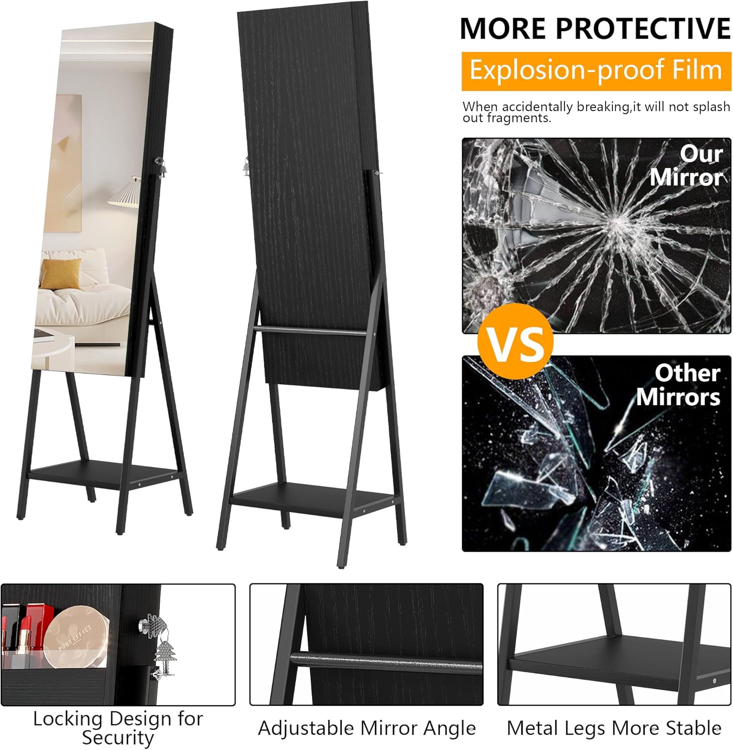 LVSOMT 3 LEDs Mirror Jewelry Cabinet, 60.4 Jewelry Mirror Full Length, Standing Lockable Jewelry Armoire Organizer, Floor Mirror with Storage for Jewelry Cosmetics, Black - Image 3