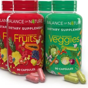 Balance of Nature Fruits & Veggies Supplements – Whole Fruit and Vegetable Ingredients for Women, Men, and Kids – 90 Fruit Capsules, 90 Veggie Capsules – 2 Sets