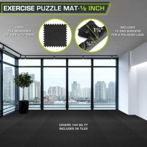 ProsourceFit Puzzle Exercise Mat ½ in, EVA Interlocking Foam Floor Tiles for Home Gym, Mat for Home Workout Equipment, Floor Padding for Kids, Black, 24 in x 24 in x ½ in, 48 Sq Ft – 12 Tiles