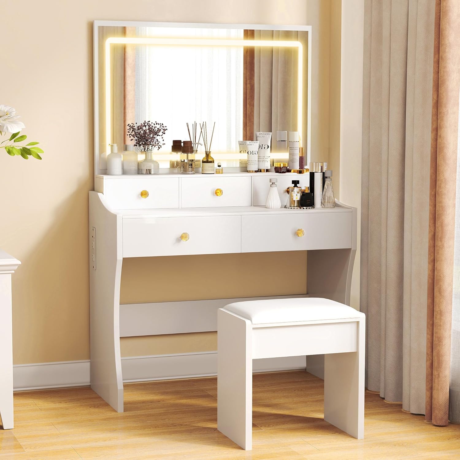 COMHOMA Makeup Vanity Desk with Mirror and Lights, Vanity Table and Chair Set with 5 Drawers and Charging Station, Bedroom Dresser LED Mirror Stepless Dimmable & 3 Color Modes Adjustable, Pure White - Image 2