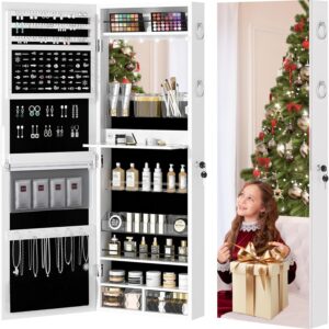 VECELO Jewelry Cabinet with Mirror, Jewelry Armoire with Lockable Full Length Mirror, Wall/Door Mounted, Interior Mirror & Makeup Light, Gift Idea, White