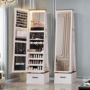 68″ Jewelry Cabinet, Freestanding Jewelry Mirror with 3 Colour LED Lights & Ample Storage Space, Full Length Jewelry Mirror Cabinet with Secure Lock, 360° Swivel Full Length Cabinet, Beige