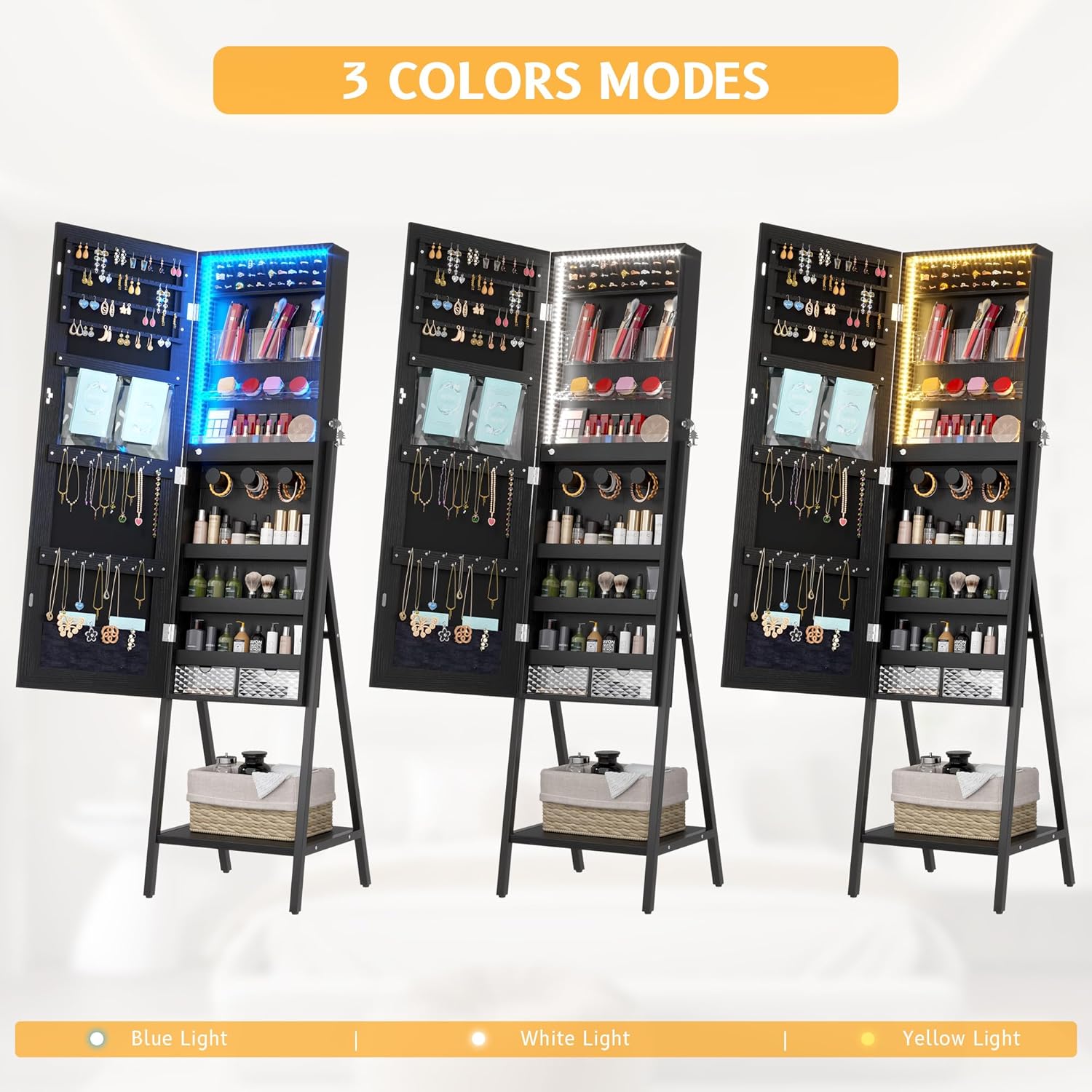 LVSOMT 3 LEDs Mirror Jewelry Cabinet, 60.4 Jewelry Mirror Full Length, Standing Lockable Jewelry Armoire Organizer, Floor Mirror with Storage for Jewelry Cosmetics, Black - Image 5