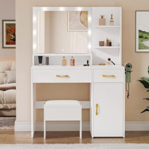 YITAHOME Vanity Desk with Mirror, Makeup Vanity Set with Power Strip, 9 Dimmable Bulbs, Drawers, Cabinet, Shelves, and Stool, 3-Color Adjustable Lighting, Elegant Vanity for Dressing Room, White