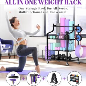 Mythinglogic Yoga Mat Storage Racks,Home Gym Storage Rack for Dumbbells Kettlebells Foam Roller, Yoga Strap and Resistance Bands, Workout Equipment Storage Organizer With Hooks and Wheels