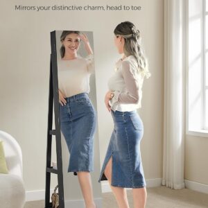 SONGMICS 6 LEDs Lockable Mirror Jewelry Cabinet, 360° Swivel Jewelry Organizer Armoire Standing, Frameless Full-Length Mirror, 3 Storage Shelves, Black Surface, Black Lining UJJC007B01