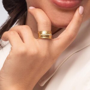 Jean Rachel Jewelry 14K Gold Plated Sterling Silver Ring with 0.13 TCW Cubic Zirconia – Vintage Design Half Eternity Band Hammered Statement Rings for Women – Hypoallergenic,Lead & Nickel Free Jewelry