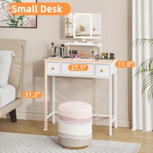 Small Makeup Vanity Desk with 3 Fabric Drawers, Vanity Table 11.8″ D x 27.5″ W with Mirror and Lights and Height-Adjustable Stand, Vanity for Girls Gifts, Bedroom and Small Spaces, White