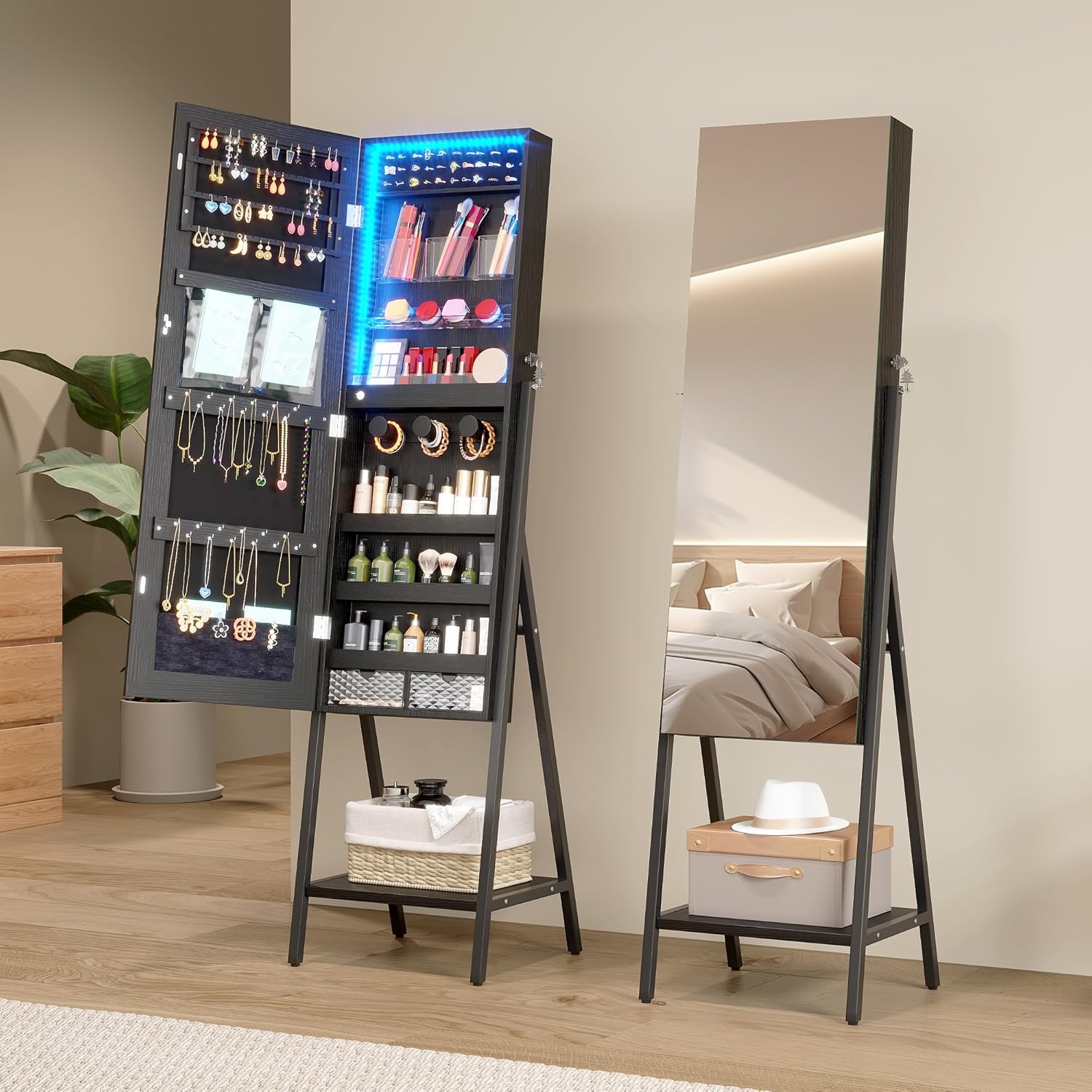 LVSOMT 3 LEDs Mirror Jewelry Cabinet, 60.4 Jewelry Mirror Full Length, Standing Lockable Jewelry Armoire Organizer, Floor Mirror with Storage for Jewelry Cosmetics, Black - Image 7