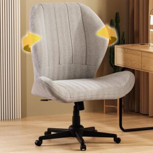 Criss Cross Chair with Wheels, Wide Cross Legged Office Chair Armless Comfy Desk Chair with Tall Back Vanity Chairs with Stress Relief Curved Design Seat for Bedroom & Office & Home Grey