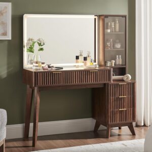 T4TREAM 48″ Fluted Makeup Vanity Desk with Large 36″ Mirror and Lights, Modern Glass Top Big Vanity Table w/5 Drawers & Adjustable Shelves, Dressing Table w/Charging Station for Bedroom, Dark Walnut