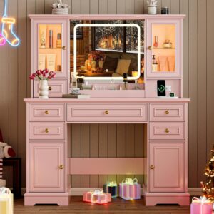 Vanity Desk with Lights, Large LED Mirror with 3 Color Modes, Makeup Vanity with Power Outlet & USB Ports, 6 Drawers & 2 RGB Glass Cabinets, Farmhouse Dressing Table for Women & Girls (Pink)