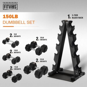 Fitvids Rubber Encased Hex Dumbbell Set with Rack, 5-20LB or 5-25LB Hand Weights with Anti-Slip Grip for Exercise & Fitness, Dumbbell Weights Set for Home Gym, 100LB or 150LB Set Options