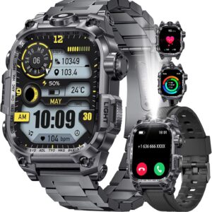 Military Smart Watches for Men(Answer/Make Calls),2.01″HD Screen Sports Smartwatch with LED Flashlight,700mAh Battery,Heart Rate/Sleep Monitor Fitness Tracker for Android iOS,100+Sport Modes,Black