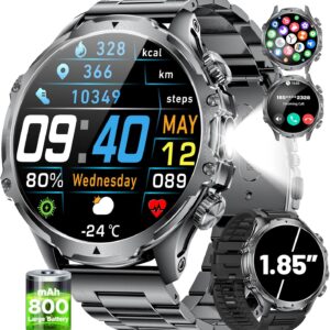 Smart Watches for Men(Answer/Make Calls) with LED Flashlight, 1.85″HD Screen Outdoor Sports Smartwatch ,800mAh Battery,Heart Rate/SpO2/Sleep Monitor 5ATM Waterproof Fitness Tracker for Android iOS