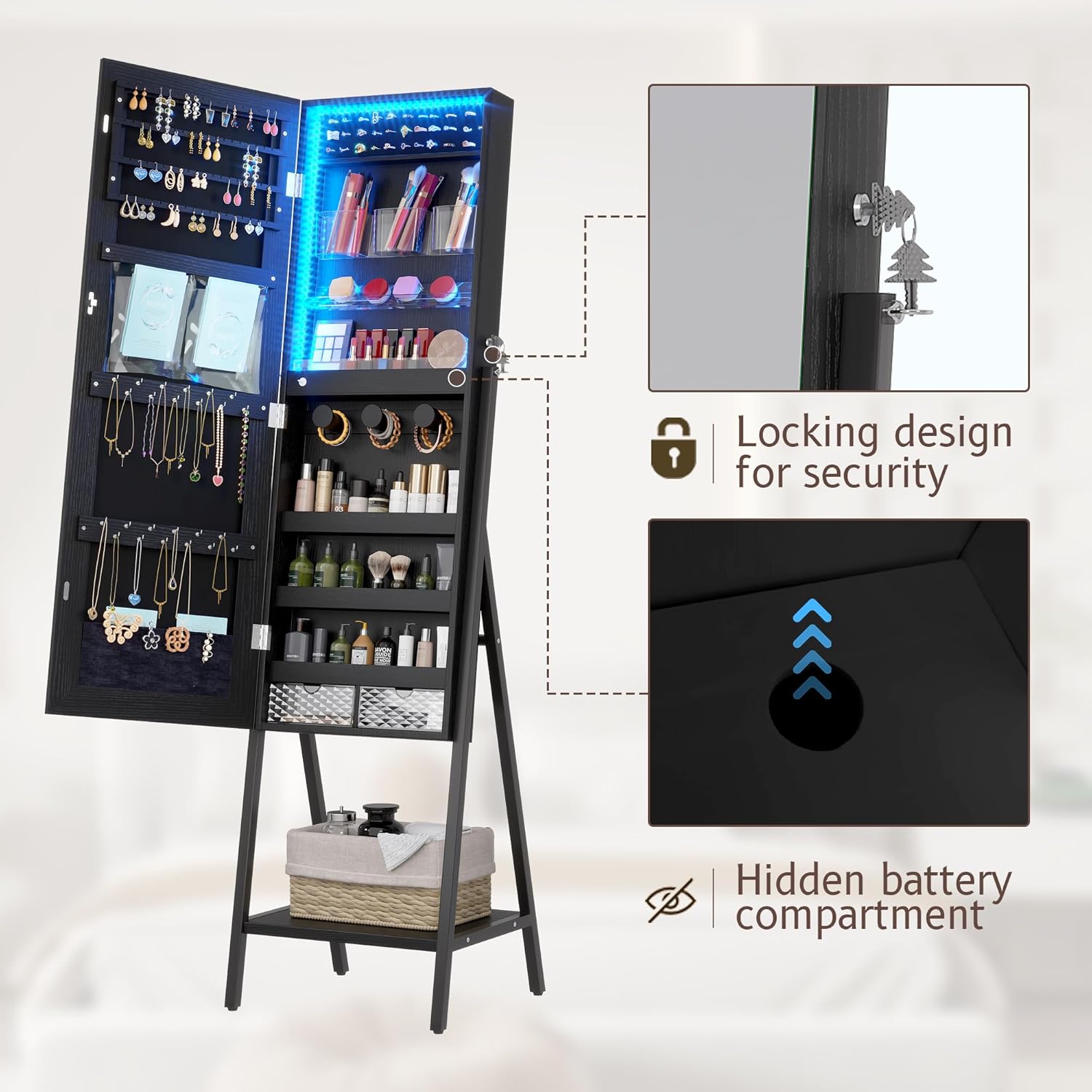 LVSOMT 3 LEDs Mirror Jewelry Cabinet, 60.4 Jewelry Mirror Full Length, Standing Lockable Jewelry Armoire Organizer, Floor Mirror with Storage for Jewelry Cosmetics, Black - Image 6