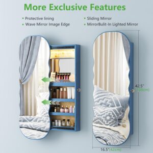 HNEBC LED Mirror Jewelry Cabinet, 47.2″ Wall Mounted Jewelry Organizer with Lights, Over The Door Hanging Rounded Jewelry Armoire, Wall Full Length Mirror with Storage, Christmas Gifts,Blue