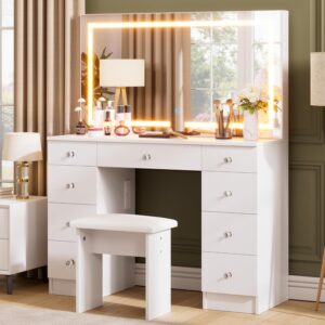 SMOOL Vanity with Mirror and Lights – Vanity Desk with Power Outlet and 9 Drawers, 3 Color Lighting Modes, Adjustable Brightness, Makeup Vanity with Soft Cushioned Stool for Bedroom, White 43“L