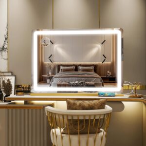 Gold Vanity Mirror with Lights, 32″ x 22″ Large Lighted Vanity Mirror with Dimmable 3 Modes, LED Makeup Mirror, USB Charging Port, Tabletop or Wall-Mounted