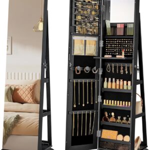 SONGMICS 6 LEDs Lockable Mirror Jewelry Cabinet, 360° Swivel Jewelry Organizer Armoire Standing, Frameless Full-Length Mirror, 3 Storage Shelves, Black Surface, Black Lining UJJC007B01