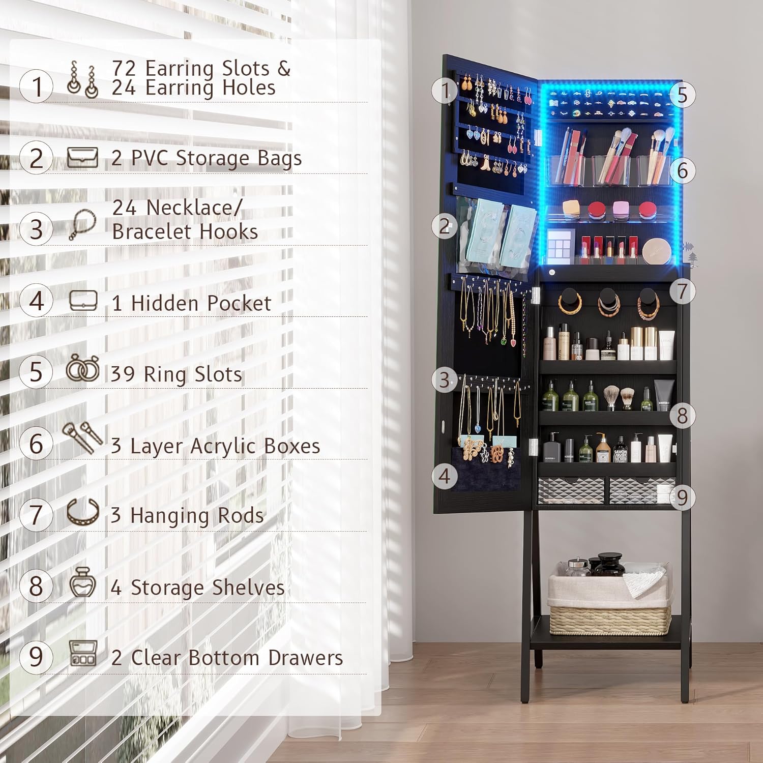 LVSOMT 3 LEDs Mirror Jewelry Cabinet, 60.4 Jewelry Mirror Full Length, Standing Lockable Jewelry Armoire Organizer, Floor Mirror with Storage for Jewelry Cosmetics, Black - Image 4