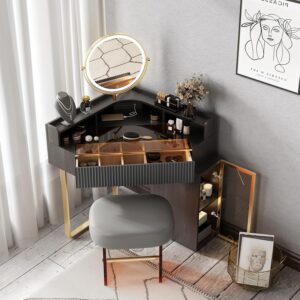 Lartis Corner Vanity Desk with Stool Bedroom Corner Vanity Set, 1 Storage Drawer, 1 high Storage Pull Cabinet, 360 °Rotatable Dimmable Makeup Mirror(Black)
