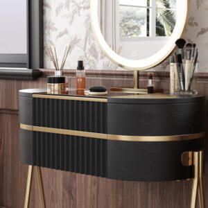 Makeup Vanity with Mirror and Lights – with LED Mirror,Very Easy to Assemble,Glass Top for Bedroom,Stainless Steel Foot