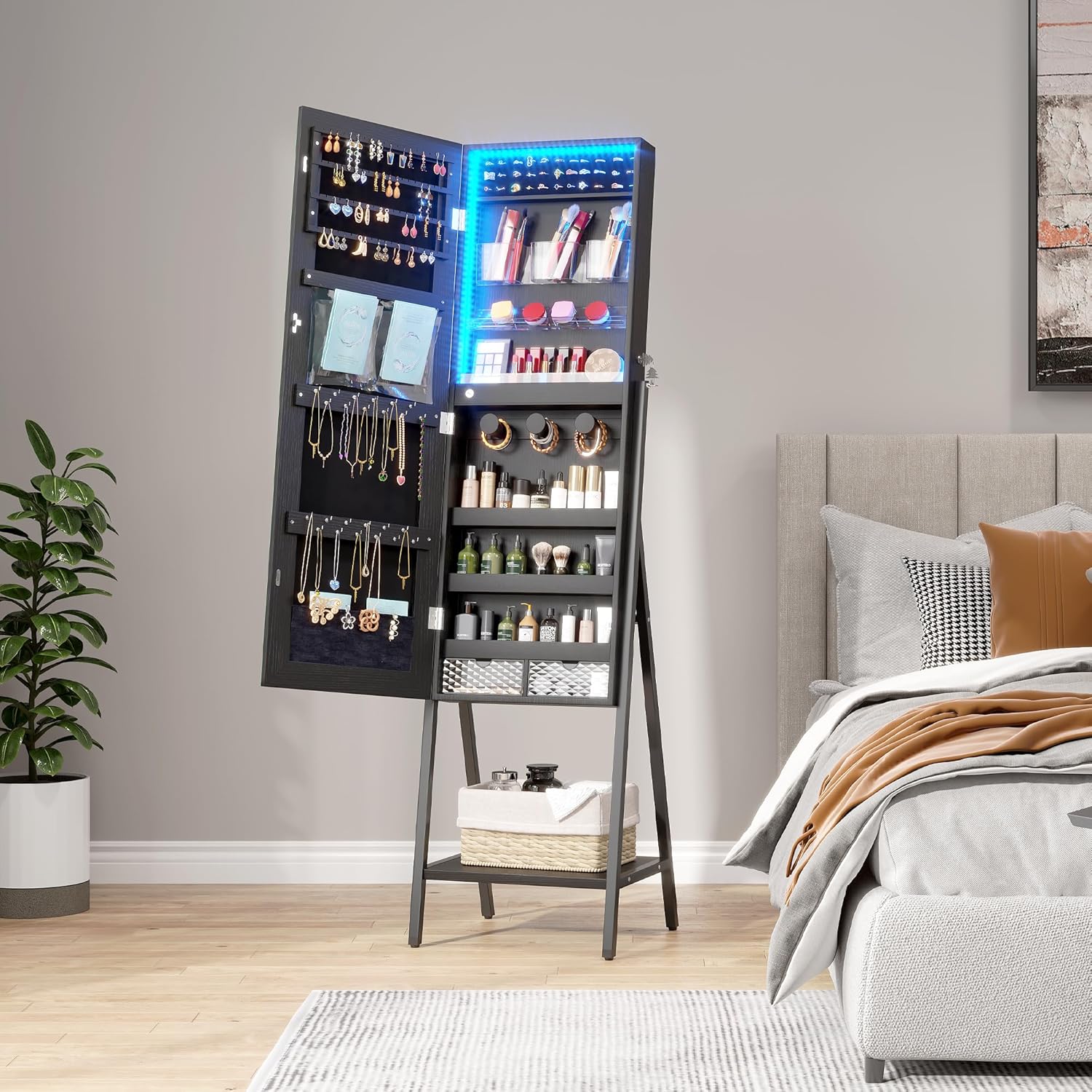 LVSOMT 3 LEDs Mirror Jewelry Cabinet, 60.4 Jewelry Mirror Full Length, Standing Lockable Jewelry Armoire Organizer, Floor Mirror with Storage for Jewelry Cosmetics, Black - Image 8