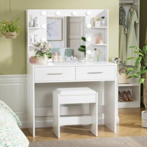 YESHOMY Vanity Desk with Mirror, Makeup Table with 2 Large Drawers, Power Outlet and Round Holder, 3 Color Modes Adjustable Bulb, Bench Included, White